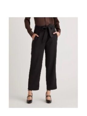 Quince Black High-Rise Wide-Leg Crepe Trousers with Self-Tie Belt